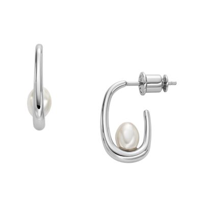 Photos - Earrings Skagen Women's Agnethe Pearl Hoop  - Silver-Tone SKJ1797040 