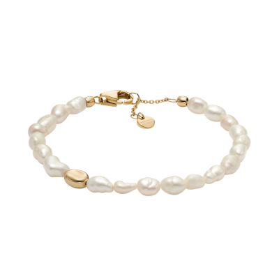 Skagen Women’s Agnethe Pearl White Freshwater Pearl Beaded Bracelet - gold-tone
