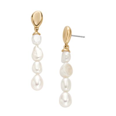 Skagen Women’s Agnethe Pearl White Freshwater Pearl Drop Earrings - gold-tone