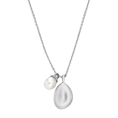 Skagen Women’s Agnethe Pearl White Freshwater Pearl and Pebble Pendant Necklace - silver-tone
