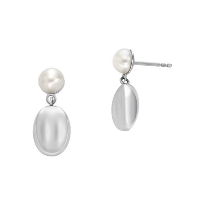 Skagen Women’s Agnethe Pearl White Freshwater Pearl and Pebble Drop Earrings - silver-tone