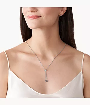 Elin Silver-Tone Stainless Steel Lariat Necklace and Hoop Earring Set