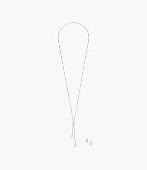 Elin Silver-Tone Stainless Steel Lariat Necklace and Hoop Earring Set