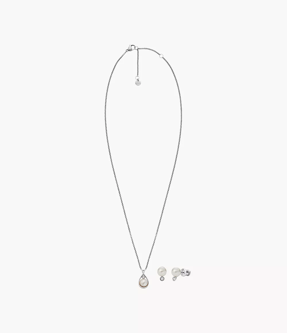 Skagen Women’s Agnethe White Pearl Glass Earrings and Necklace Set
