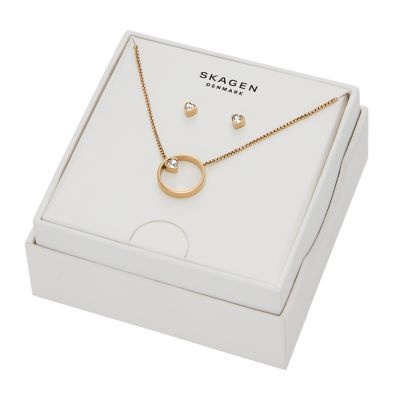 ゴールドトーン ステンレススチール ネックレス＆グリッツハートピアス セット SKJB1014SET - Skagen