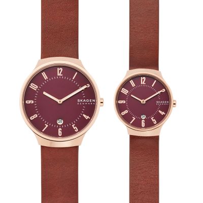 Grenen 二針デイト レッドレザーウォッチ ペアセット Skw1115 Skagen