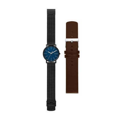 SIGNATUR 三針 ブラック スチールメッシュウォッチセット SKW1143 - Skagen