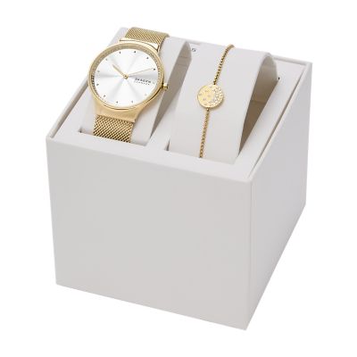 Freja Two Hand Gold Tone Stainless Steel Watch and Bracelet Box Set