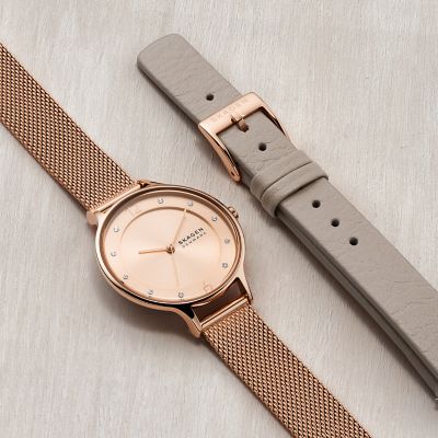 Anita Lille Three-Hand Rose Gold Stainless Steel Mesh Watch Set ...