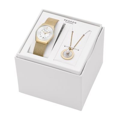 Edelstahl Kette Datum Skagen Grenen Box-Set Skagen goldfarben 3-Zeiger-Werk Uhr SKW1152SET Lille -