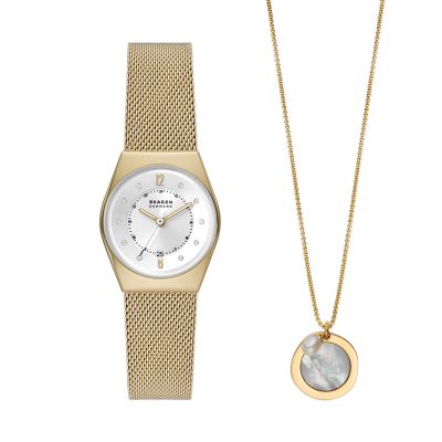 Skagen Grenen Lille Three-Hand Date Gold Stainless Steel Watch and Necklace  Box Set