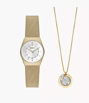 Skagen Grenen Lille Three-Hand Date Gold Stainless Steel Watch and Necklace Box Set