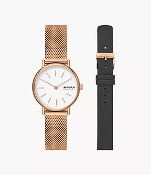 Skagen Signatur Lille Two-Hand Rose Gold Stainless Steel Watch and Strap Box Set