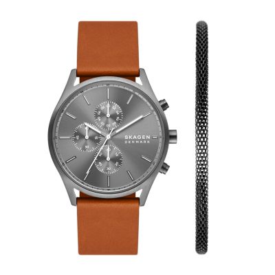 Skagen Holst Chronograph Light Brown Leather Watch and Bracelet Box Set