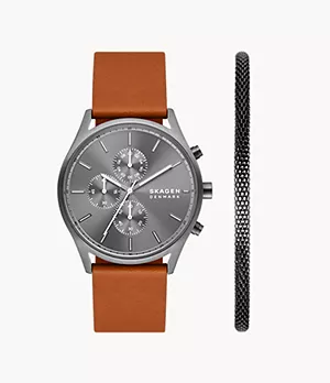 Skagen Holst Chronograph Light Brown Leather Watch and Bracelet Box Set