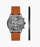 Skagen Holst Chronograph Light Brown Leather Watch and Bracelet Box Set