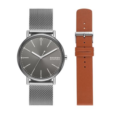 Skagen Signatur Box Set Three-Hand Gray Stainless Steel Mesh Watch and Strap  Box Set SKW1155SET - Skagen