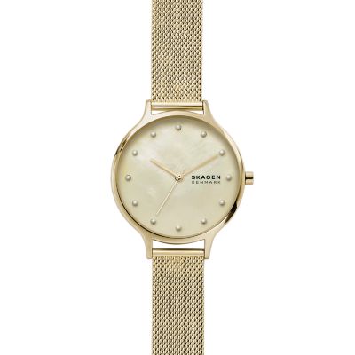 Anita Mother-of-Pearl Gold-Tone Steel Mesh Watch