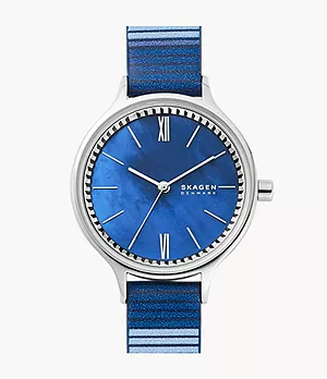 Anita Three-Hand Blue Leather Watch