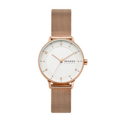 Riis Three-Hand Rose-Tone Steel Mesh Watch