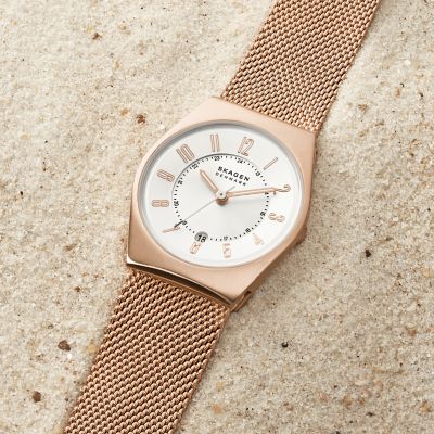 SKAGEN 三針 ローズゴールド ステンレススチール メッシュウォッチ