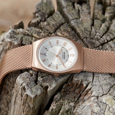 Grenen Lille Three-Hand Date Rose Gold Stainless Steel Mesh Watch