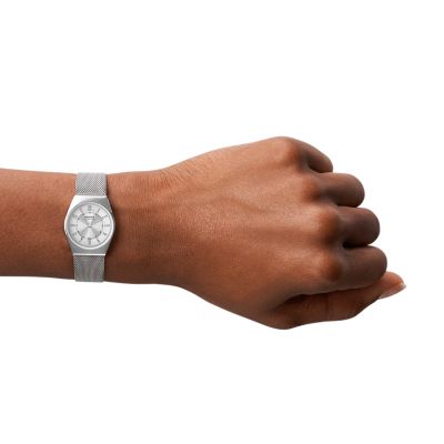 Grenen Lille Three-Hand Date Silver Stainless Steel Mesh Watch