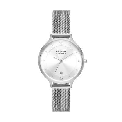 Anita Three Hand Date Silver Stainless Steel Mesh Watch SKW3054