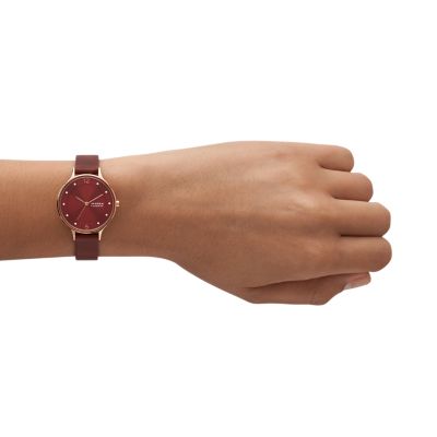Skagen Anita Lille Three-Hand Cherry Wood Leather Watch