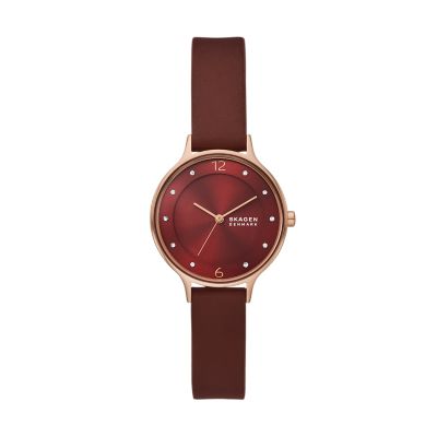 Skagen ANITA LILLE 三針 チェリーウッド レザーウォッチ