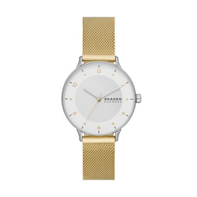 Skagen Women’s Riis Three-Hand Gold-Tone Stainless Steel Mesh Watch