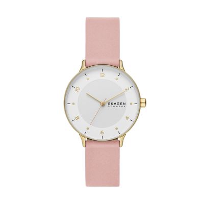 Montre Riis à trois aiguilles, en cuir, rose poudré