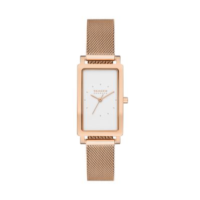 Hagen Three-Hand Rose Gold Stainless Steel Mesh Rectangular Watch