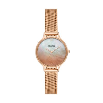 Anita Lille Three-Hand Ombré Mother of Peal Rose Gold Stainless Steel Mesh  Watch