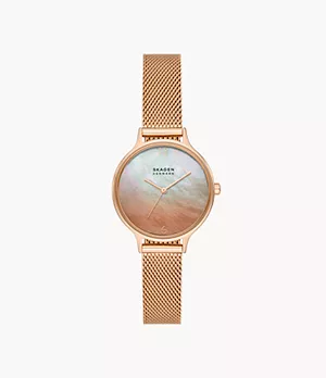 Anita Lille Three-Hand Ombré Mother of Peal Rose Gold Stainless Steel Mesh Watch