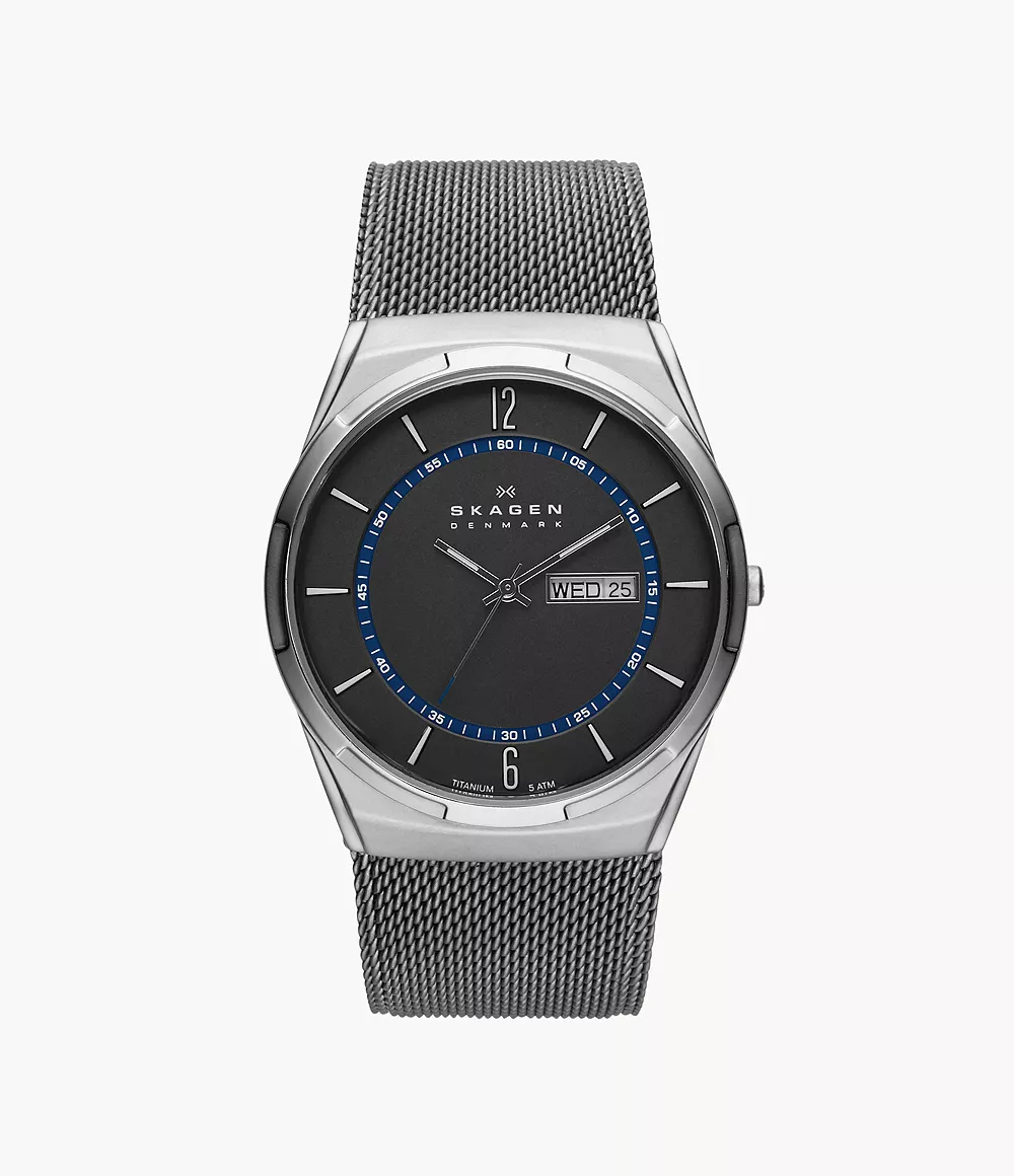 Skagen Unisex Melbye Titanium And Charcoal Steel Mesh Day-Date Watch - Gray
