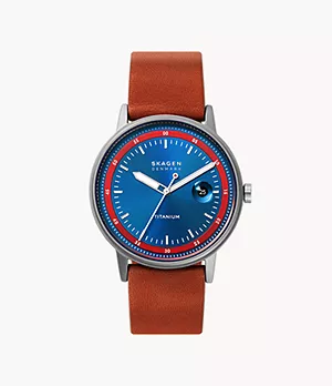 Henriksen Titanium Three-Hand Date Medium Brown Eco Leather Watch