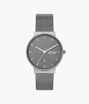 Ancher Three-Hand Date Charcoal Stainless Steel Mesh Watch