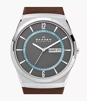 Melbye Three-Hand Day-Date Brown Leather Watch