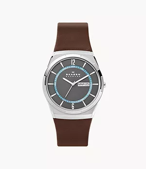 Melbye Three-Hand Day-Date Brown Leather Watch