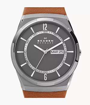 Melbye Three-Hand Day-Date Medium Brown Leather Watch