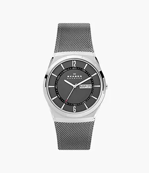 Melbye Three-Hand Day-Date Charcoal Stainless Steel Mesh Watch
