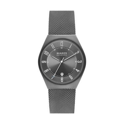 Grenen Three Hand Date Charcoal Stainless Steel Mesh Watch