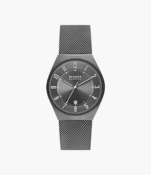 Grenen Three-Hand Date Charcoal Stainless Steel Mesh Watch