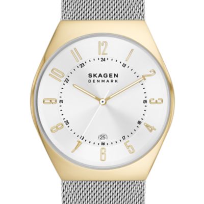 Grenen Three-Hand Date Silver Stainless Steel Mesh Watch