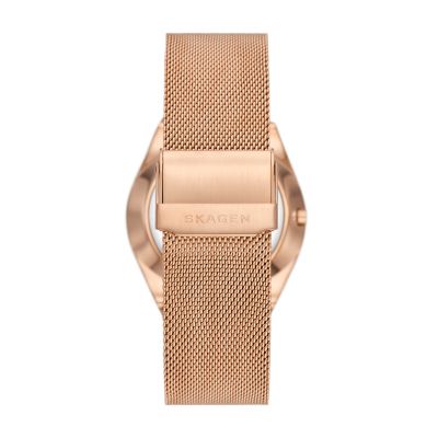 Grenen Three-Hand Date Rose Gold Stainless Steel Mesh Watch