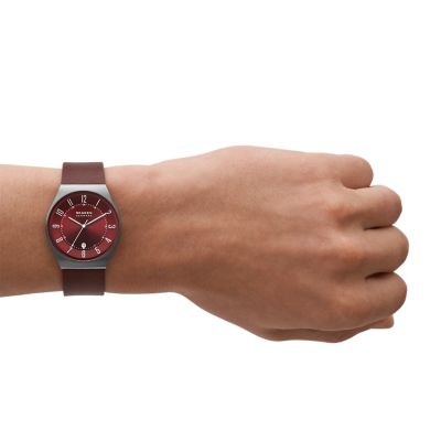 Skagen GRENEN 三針デイト チェリーウッド レザーウォッチ