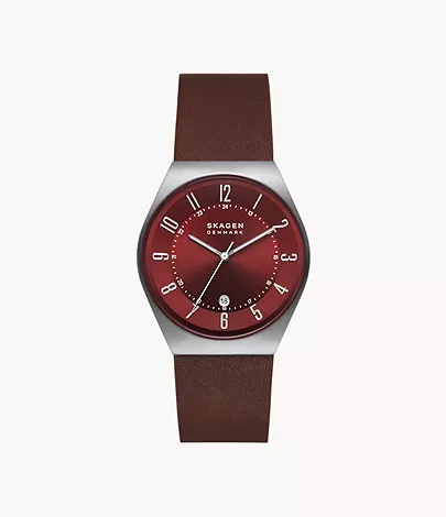 Skagen Grenen Three-Hand Date Cherry Wood Leather Watch