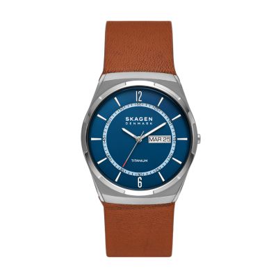 Photos - Wrist Watch Skagen Men's Melbye Titanium Three-Hand Day-Date Luggage Leather Watch SKW 