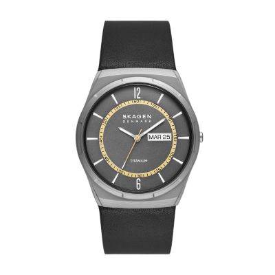 Melbye Titanium Three-Hand Day-Date Black Leather Watch Skagen SKW6907 